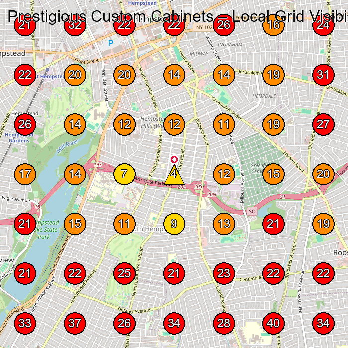 Prestigious Custom Cabinets GeoGrid visibility map for Cabinet Maker in Cedarhurst